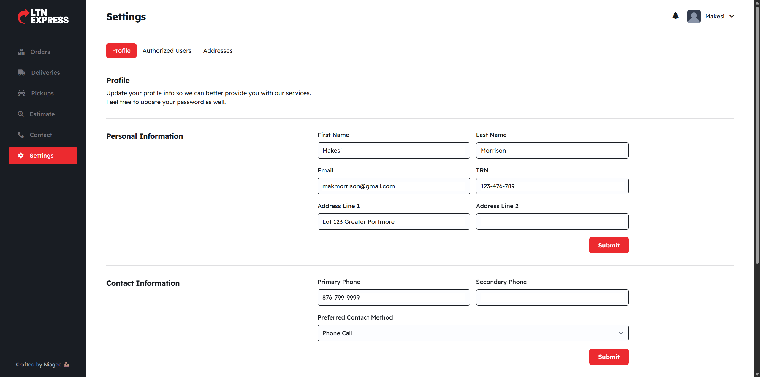 LTN Express settings screen