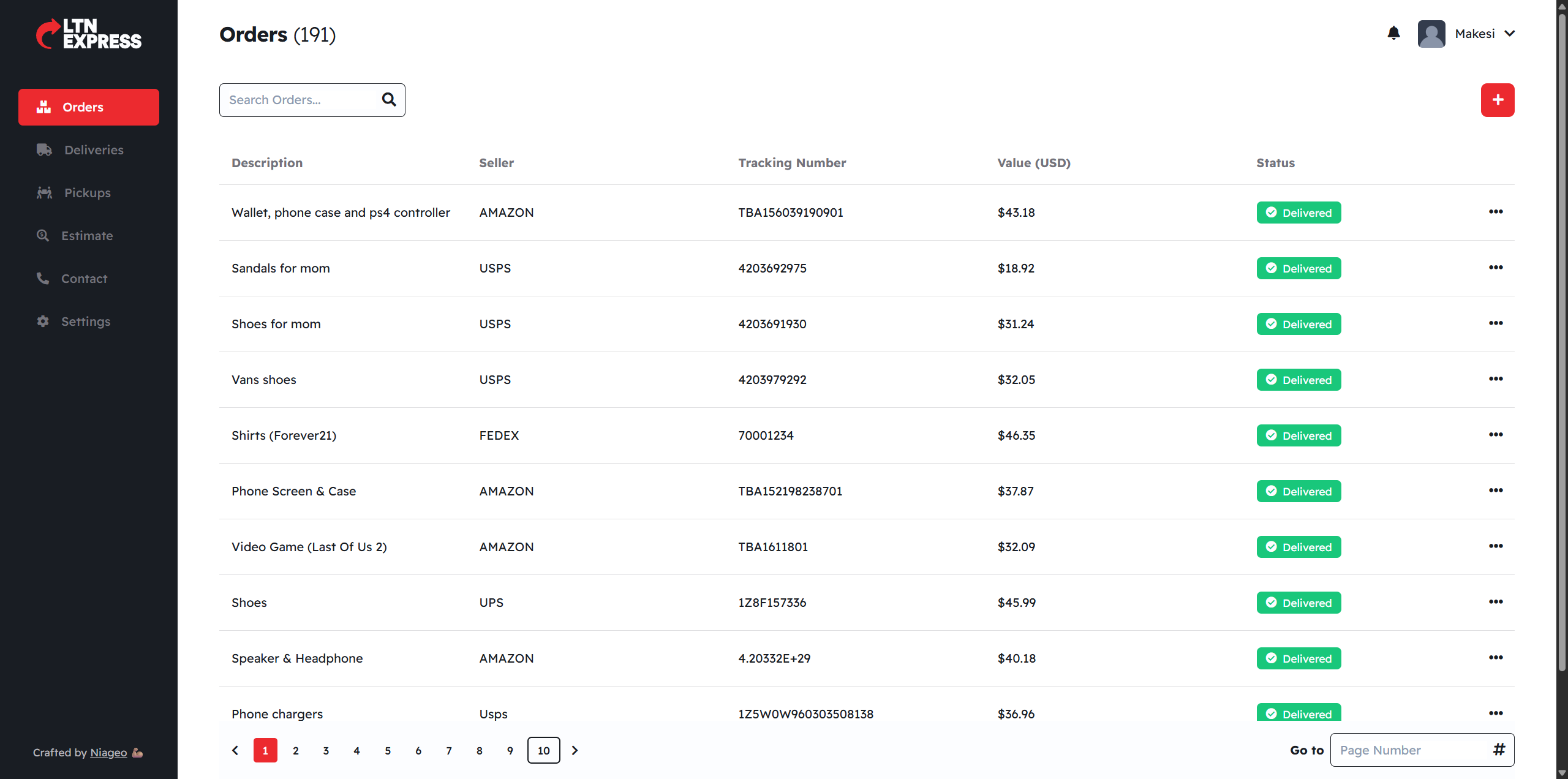LTN Express orders screen