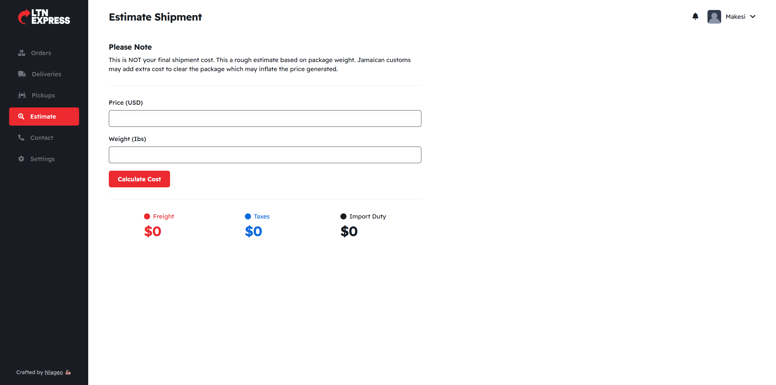LTN Express shipment estimate screen